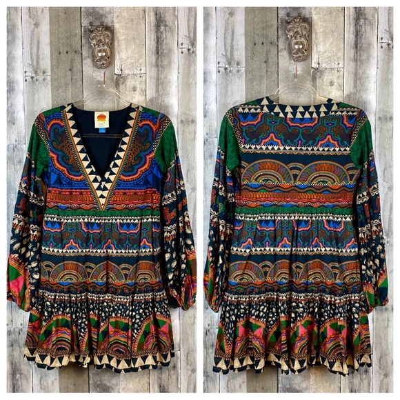 FARM Rio V-Neck Printed Tunic Dress in Green Size Extra Small. - Picture 11 of 15